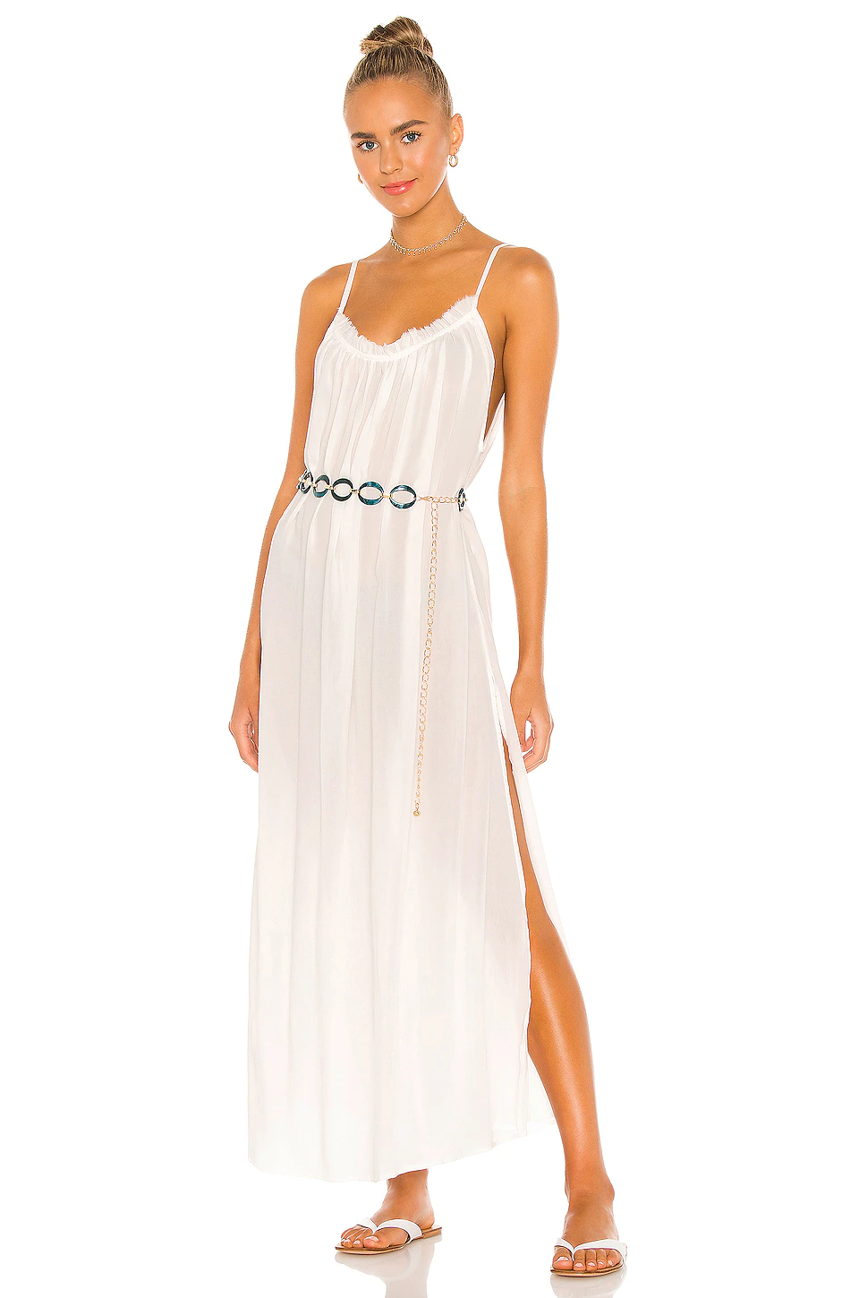 Indah Yasmine Solid Gathered Neckline Sundress Maxi In Ivory