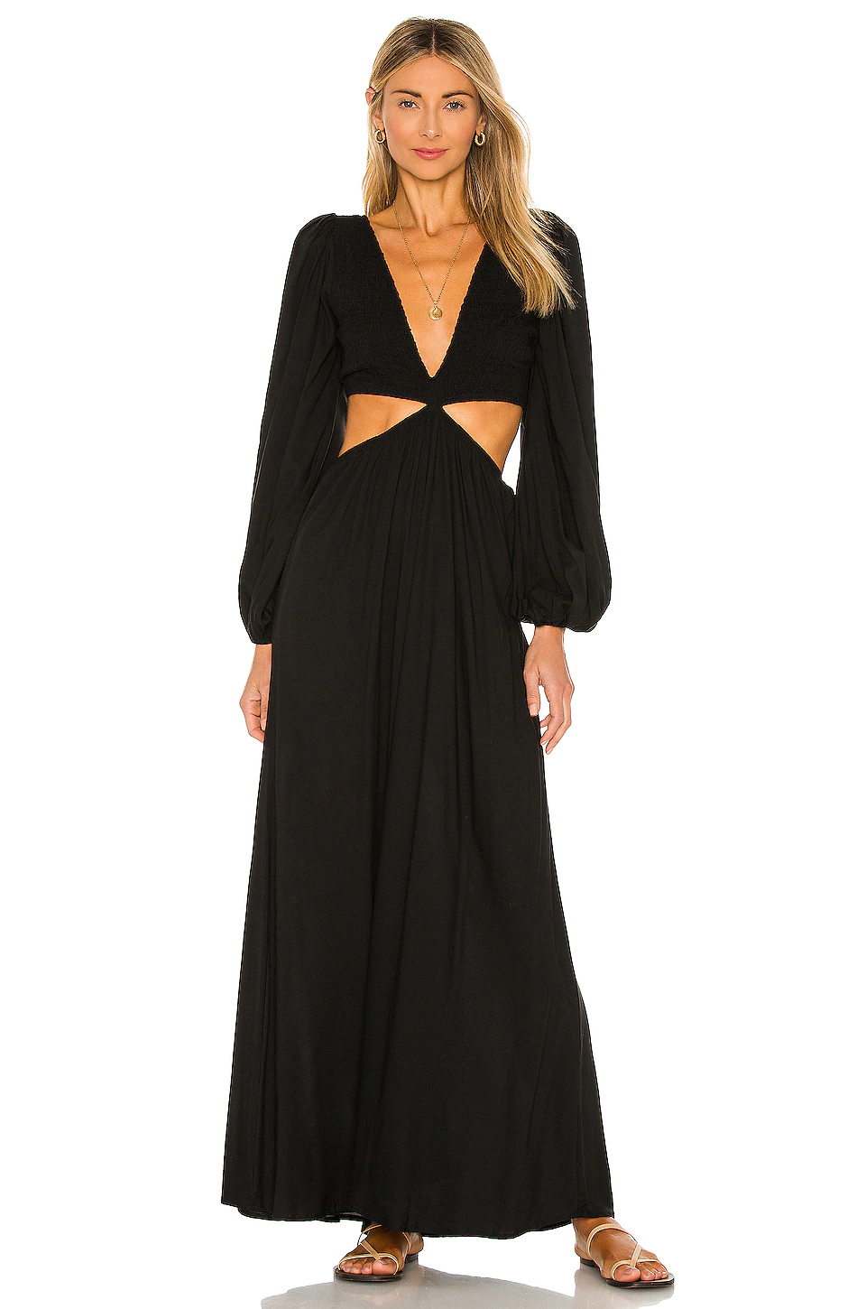 Indah Julie Solid Ruched Bodice Cutaway Maxi Dress In Black