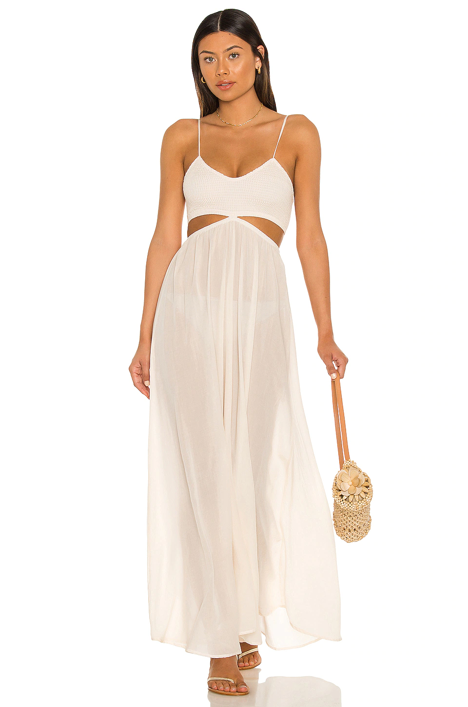 Indah Innocence Solid Smocked Maxi Dress In Opal