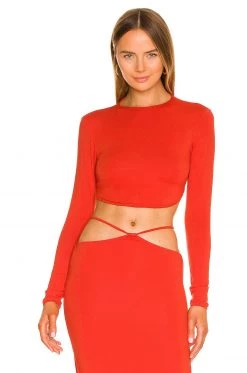 Indah Pua Long Sleeve Tie Back Top In Caliente