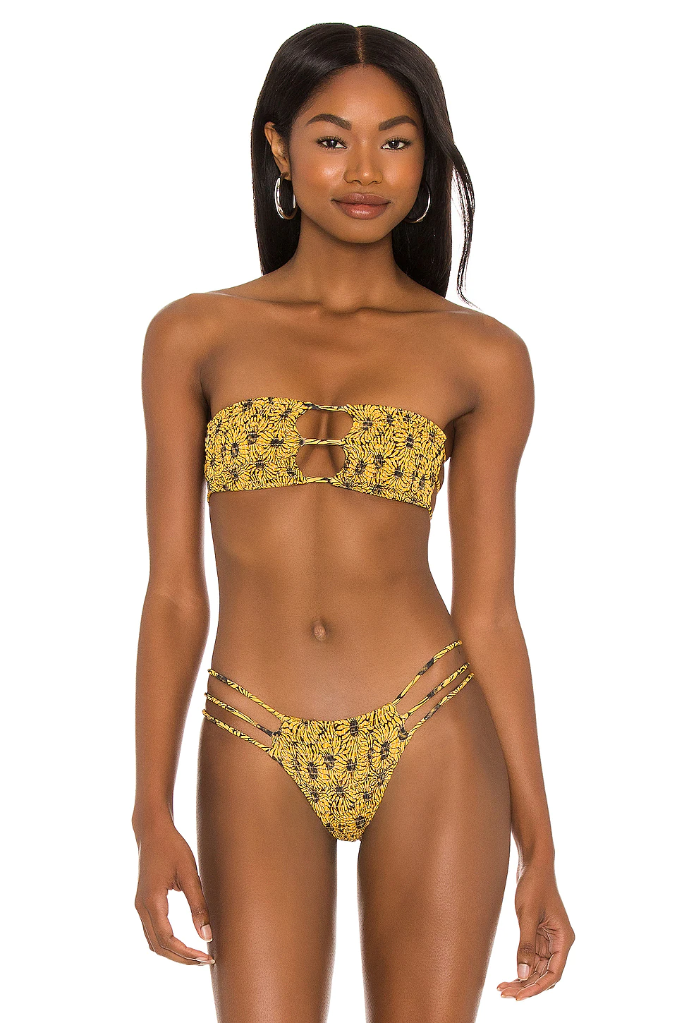 Indah Moto Printed Smocked Spaghetti Strap Bandeau Bikini Top In Sinar